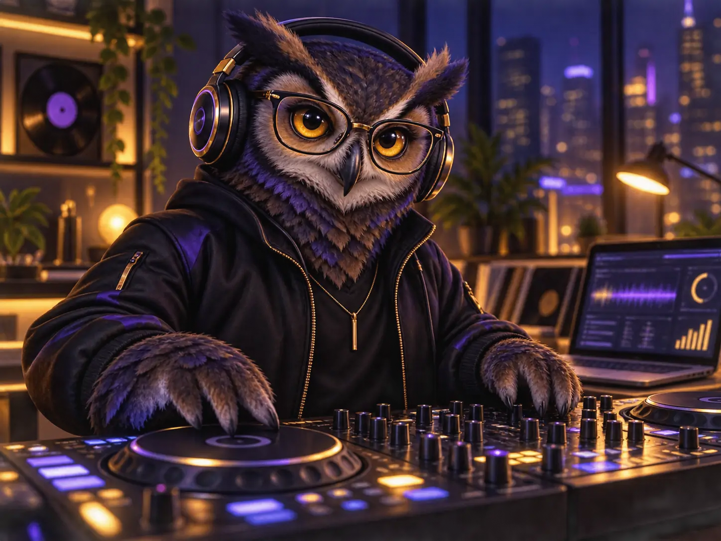 BOB, the B.O.B.DJ owl mascot, DJing in headphones and glasses